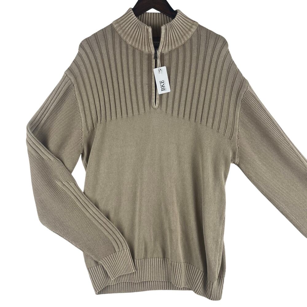 BKE Mens Quarter 1/4 Zip Sweater XL Tan Ribbed Cotton Mock Neck Pullover Buckle